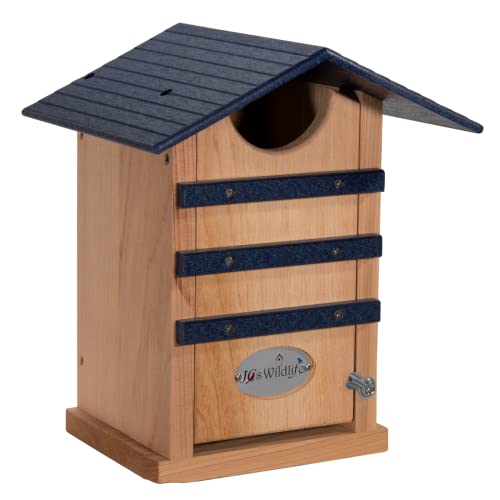 Screech Owl House Cedar Nesting Box with Poly Lumber Roof, Saw-Whet Owl Box for Outside, Drainage Ventilation, Easy Cleanout, Made in USA, Blue - color: Blue