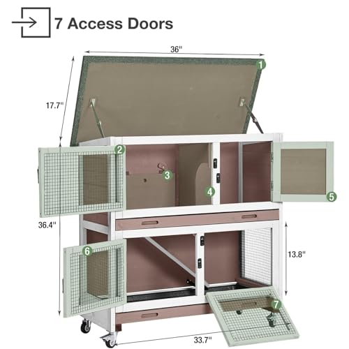 Rabbit Hutch Bunny Cage Wooden 2-Story Indoor Outdoor Small Animal House with Wheels, Two Removable Trays, Guinea Pig Cage (Brown) - color: Brown-AIR77