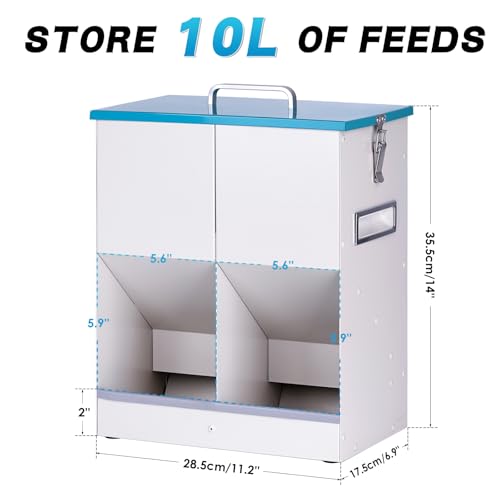 10L Chicken Grit and Oyster Shell Feeder Combo with Lid Hanging Duck Feeder Automatic Metal Gravity Chicken Feeder Poultry Coop Accessories for Goose Hens Eggs (Blue)