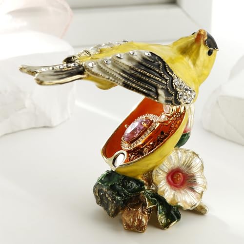 Hand Painted Enameled Oriole Trinket Box, Hinged Unique Mini Ring Necklace Jewelry Organizer, Classical Bejeweled Storage, Figurine Collectible Keepsake Home Decor (Oriole Bird) - color: Oriole Bird