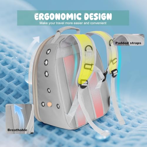 Bird Traval Carrier Cage, Multi Vent Holes Clear Space Capsule Astronaut Backpack to Carry Parakeet Cockatiel Parrot with Metal Tray Wood Perch, Vet Transport Book Bag - color: Grey