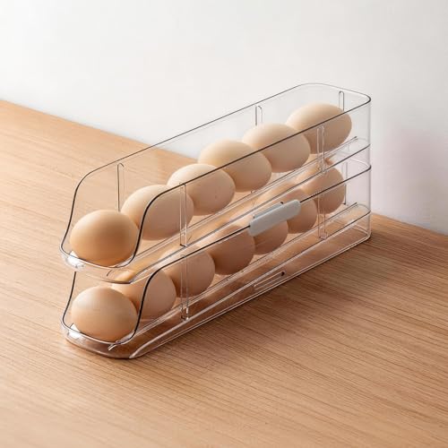 PAVSTINE 2-Tier Auto Rolling Egg Holder for Fridge, Clear Egg Dispenser | Stackable Egg Container, Holds Up To 14 Eggs Tray, Fits Kitchen Countertop/Refrigerator/Cabinet Storage Organizer - size: 2-Tier