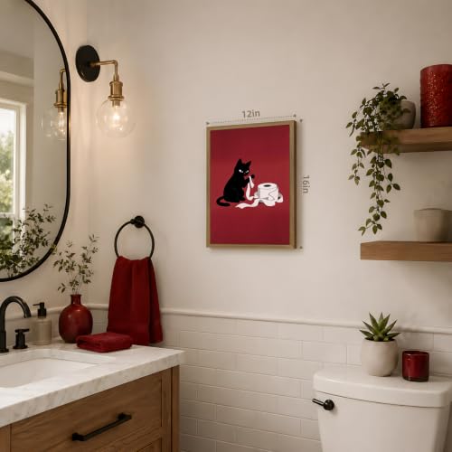 GELDSTEI Wood Framed Vintage Black Cat Funny Bathroom Wall Art 12x16 in | Playful Toilet Paper Black Cat Wall Decor, Humorous Bathroom Art Print, Unique Gift for Cat Lovers and Pet Owners - color: Cat, size: 16"L x 12"W