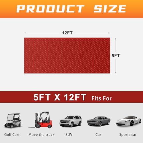 2.5mm Thickened 5Ft x 12Ft Garage Floor Mat Rubber Flooring Roll, Red | 60sqft Diamond Plate PVC Rubber & Vinyl Flooring Roll, Non-Slip Floor Protector Mat for Garage Warehouse Basement Trailer - size: 5Ft x 12Ft--Red