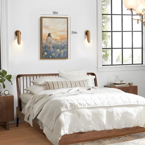RLKHG Wood Framed Jesus Holding Child Wall Art, Inspirational Religious Faith Poster Print, Christian Nursery Wall Decor, Christian Flower Field Watercolor Artwork for Baby Room Church 16x24 Inch - color: JesusFlower, size: 24"L x 16"W