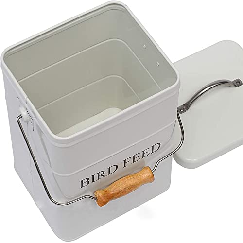 Pet Food Storage Tin with Lid, Metal Bird Seed and Feed Container with Serving Scoop, Treats Storage Canister Bin Can for Dogs, Cats Food, Coated Carbon Steel, Tight Fitting Lid, White, 5-6 Lbs