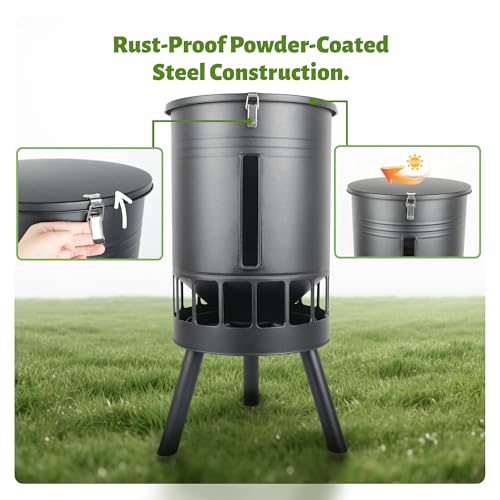 KOL 50LB Metal Chicken Feeder - No Waste, No Clog Design with 16 Ports & Smooth Gravity-Flow, Powder Coated Rust-Proof for Coop Use (Black) - color: Black