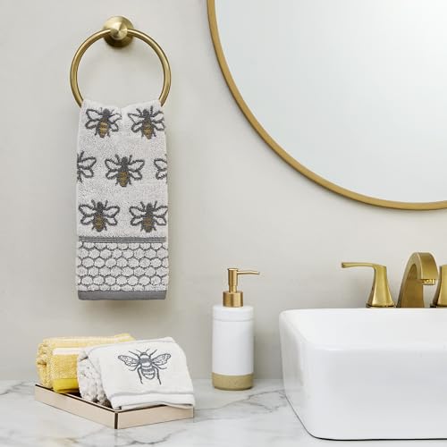 SKL Home Honey Bee Jacquard 100% Cotton 2pc Hand Towel Set, Decorative for Bath/Kitchen/Bar & Gift, White/Gray - color: Honey Bee Jacquard