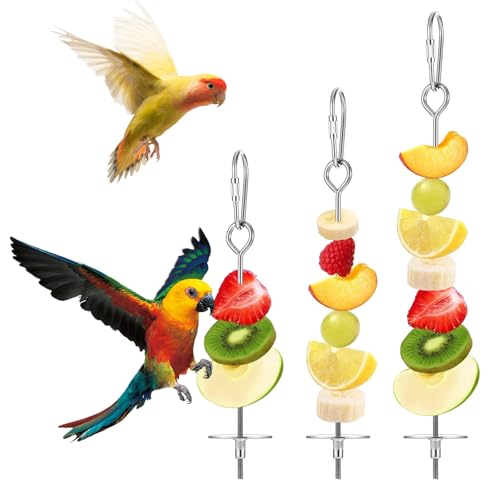 3Pcs Parrot Fruit Stick Feeder Fruit Vegetable Treats Skewer Bird Cage Stainless Steel Food Holder for Hanging Bird Foraging Toys for Macaw Parakeet Budgie (3 Sizes)