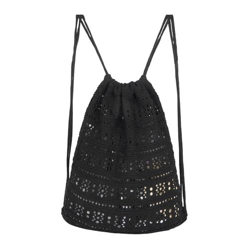 Lobagve Handmade Crochet Cotton Drawstring Backpack Boho Purse Leisure Daypack - color: Hollow Out-black