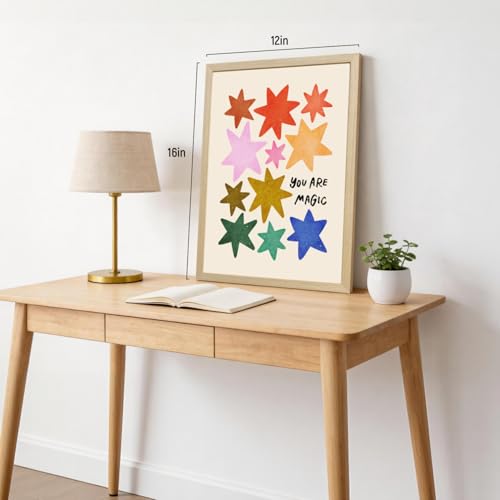 RLKHG Wood Framed You Are Magic Wall Art, Colorful Star Nursery Decor, Inspirational Cute Kids Room Poster Print, Playful Modern Rainbow Star Artwork for Children's Bedroom Playroom 16x24 Inch - color: Star, size: 24"L x 16"W