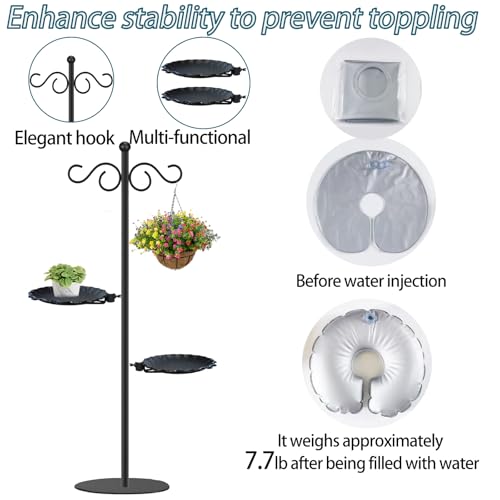 Thickened 74.5" Shepherd's Hook with Stand，Bird Feeder，Wind Chime Hanger Stand, Waterproof Metal & Adjustable-Height Pole Holder for Lantern ，Wreath, Hanging Plants Indoor & Outdoor（2 Placement Racks) - color: Thickened-Dark Black