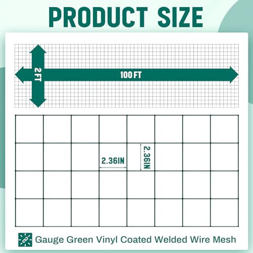 Gisafai 16 Gauge Galvanized Welded Wire Fence 2 ft x 100 ft PVC Coated Hardware Cloth, 2.36" x 2.36" Mesh, Heavy Duty Garden Fencing Roll for Chicken, Dog Yard, Deer Cattle & Animal Protection(Green) - color: Green, size: 2 ft X 100 ft