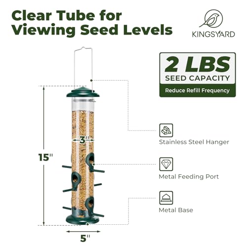 Kingsyard Metal Tube Bird Feeders for Outdoors Hanging | 6-Port with 360° Feeding, No-Spill Design, 2 lb Seed Capacity, Attracts Finches & Songbirds, Garden & Backyard Decor, Green - color: Green