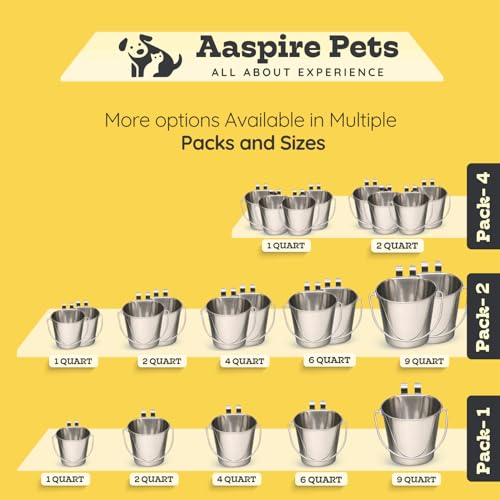 1 Quart Stainless Steel Flat Sided Bucket with Dual Hooks | 2 Pcs Durable Food & Water Bowl for Dog Cats Bird & Small Animals | Fits kennel Cage Crates Hanging Pet Pail | Multipurpose use - size: 1 Quart (Pack of 2)