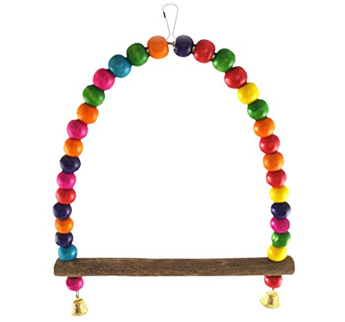 SunGrow Colorful Finch Swing Toy with Bells, Wooden Perch Stand for Canary, Lovebird & Budgie, 8.5x6 Inches, Sturdy Rocking Gym, Small Bird Cage Accessories to Balance, Exercise & Training