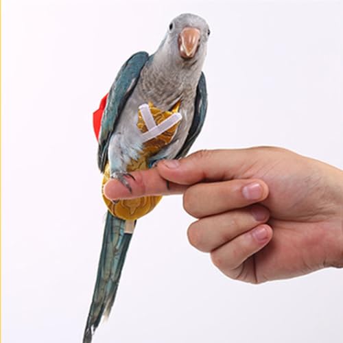 Escape-Proof Adjustable Parrot Flight Suit with Chinese Brocade Bow, Reusable Washable Bird Diaper Clothing for Cockatiels, Parakeets, Monk Parrots, Sun Conures & Mini Macaws (Yellow Nylon-S) - size: Yellow nylon-S