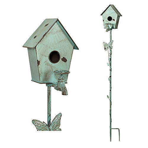 Bird Houses for Outside with Pole Metal Birdhouse Stakes Decorative Outdoor, Reclaimed Faucet Accent (Teal, 52") - style: Faucet