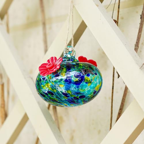 3.3OZ Handcrafted Glass Hummingbird Feeder, Twin Feeding Ports Included, Outdoor Hanging Ornament for Garden and Patio, Remarkable Hummingbird Gifts to Delight Women - color: blue