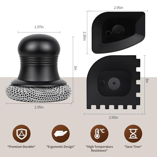 316 Upgraded Cast Iron Scrubber with Pan Scraper,Cast Iron Cleaner for Grill Pan Skillet Wok Carbon Steel,Ergonomic to Hold Easy to Use Dishwasher Safe ((Small Chain Mail)) - size: (Small Chain Mail)