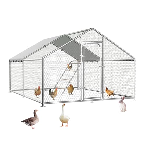 Large Metal Chicken Coop Run with Roosting Perch | Spire roof chicken run with waterproof UV-resistant cover, 10' W x 13.2' L x 6.4' H outdoor cage - size: 158.4"L x 121.0"W x 76.8"H