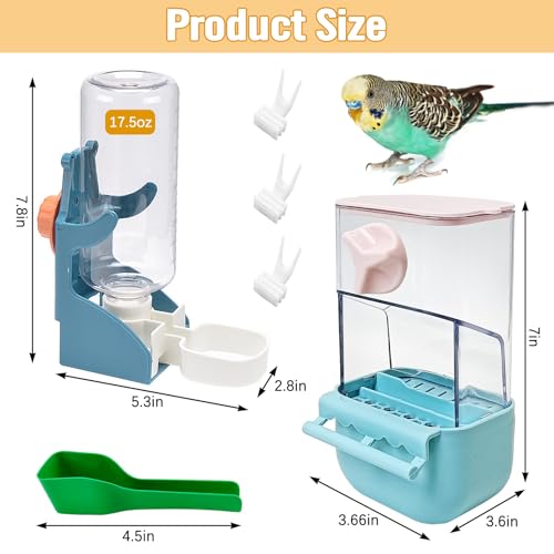 BNOSDM Automatic Bird Feeder Water Dispenser Set No Mess Bird Cage Feeders Parrot Cage Accessories Transparent Seed Food Container with Perch for Finches Parakeets Budgies Lovebirds Canaries (Blue) - color: Blue
