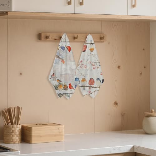 2 Pcs Vibrant Bird Kitchen Towels Winter Scene Decorative Hand Towels | Waffle Soft Tea Towel for Farmhouse, Bathroom, Absorbent Microfiber Dish Cloth, Bird Gifts for Women, Friend - color: Multi 1253