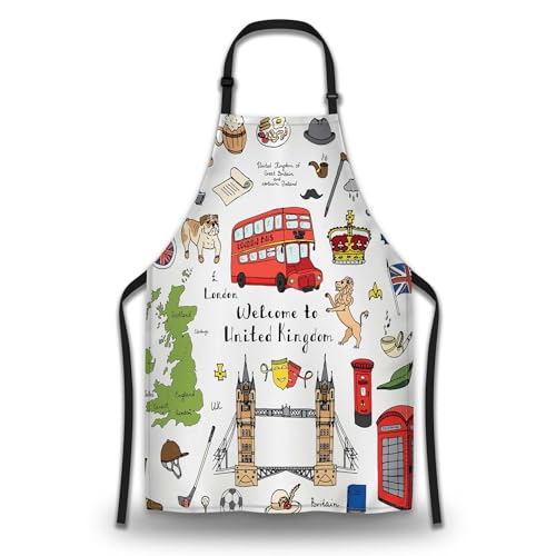 Barista Apron Women London Elements British Symbols Fun Aprons for Men for Kitchen Cooking Restaurant BBQ Painting Crafting Gardening 27” (W) x 31” (H), Waterproof Apron - color: London Elements Symbols