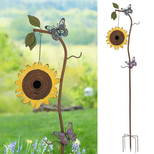 BAYN 57” Bird Houses Stake for Outside, Metal Wild Bird Feeder Birdhouse Stake Pole with Sunflower Design Outdoor Decorations for Patio, Backyard, Garden - style: Sunflower