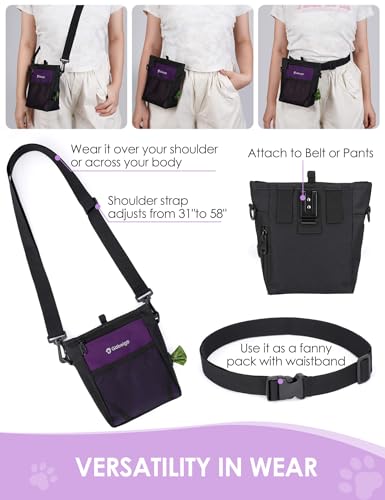 4 Cup Dog Treat Pouch with Silicone Insert Bag& Clicker(Purple) | 2 Pair Magnetic Closures, Belt Clip/Waist Belt/Crossbody Wear, Zipper Pocket Poop Bag Holder for Pet Training/Daily Walking - color: Purple