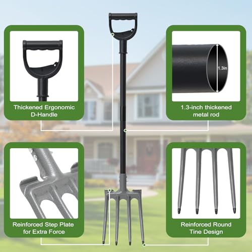 Gardening Pitchfork, 4-Tine Garden Fork 47” Heavy Duty Digging Manure Forks for Mulch Spreading Loosening Hay Potato Digging Composting Transplanting Aeration Farm Garden