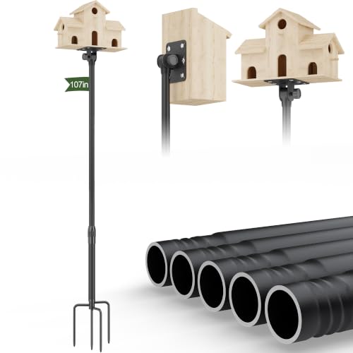 Bird Feeder Pole – Heavy Duty 107" Outdoor Stand, Fits Most Bird Feeders | 1" rustproof steel pole, anti-corrosion. 180° adjustable head. Supports 25 lbs. Tool-free assembly. - color: Black, size: 107"