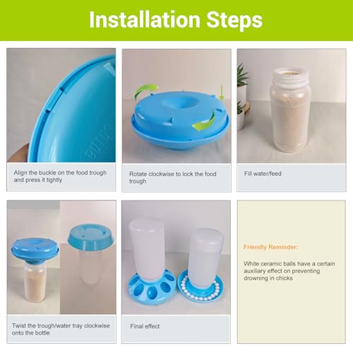 Chick Feeder and Waterer Set, 0.26Gal Quail Waterer with Balls Anti-Drown Chicken Water Feeder no Mess Chicken Supplies in Brooder Poultry Waterer for Ducklings Ducks Button Quails Bird (Blue)