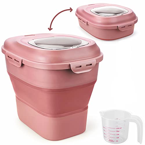 Viretec Cereal Rice Storage Containers, 20 to 50Lbs Collapsible Dry Food Dispenser Bins with Airtight Flip Lid Rolling Wheel, Kitchen Pantry to Store Sugar Flour, Dog Pet Cat Food Holder Container - color: Pink