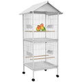 PawHut Wrought Metal Bird Cage Feeder with Rolling Stand Doors 67" H White | Perches, Food Containers, Wheels