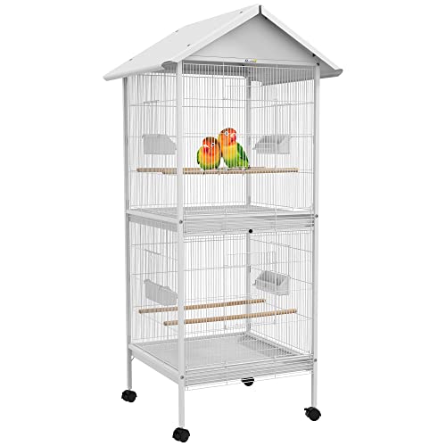 PawHut Wrought Metal Bird Cage Feeder with Rolling Stand Doors 67" H White | Perches, Food Containers, Wheels