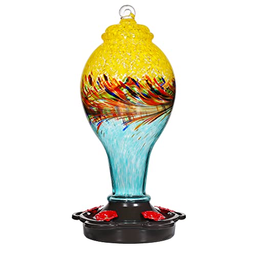 LUJII Hand Blown Glass Hummingbird Feeder for Outdoors with Ant Moat, Leak Proof & Rustproof, 25 fl.oz, Metal Base Cover with 5 Feeding Ports & Perches, Glass Art for Garden Decor (Blue Mixed Yellow) - color: Yellow, size: Small