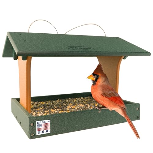 DutchCrafters Plastic Poly Covered Roof Hanging Fly Through Bird Feeder Open Side Platform Seed Tray for Outside Outdoor Garden - Amish American Made in USA (Turf Green & Cedar) - color: Turf Green & Cedar