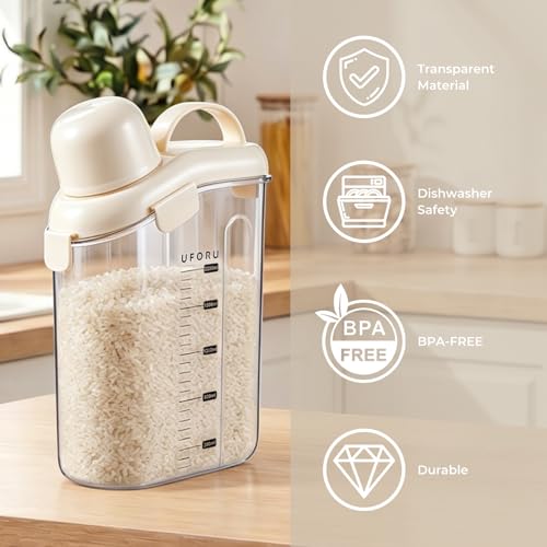 UFORU Cereal Container Storage,Rice Dispenser with Airtight Lid for Kitchen | Clear food storage container with easy pour design for rice, cereal, grains, flour, keeping pantry shelves neat and organized - color: 2L White