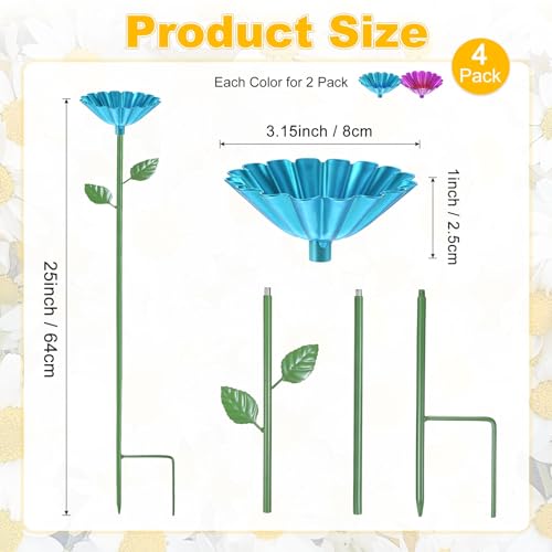 M METERXITY 4-Pack Bee Watering Station, 64cm/25 Inch Iron Bee Bath for Garden Water Feeder, Colorful Butterfly Bath Bowl for Outdoor/Garden/Yard Decor [Blue/Rose Red] - color: Blue, magenta