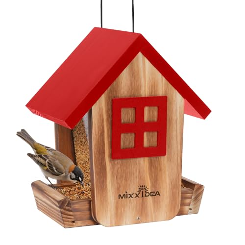 Wooden Hanging Hopper Bird Feeder for Outdoors with Weatherproof Roof Red | Bird House Feeder Attracts Various Wild Birds Cardinals, Bluebirds for Backyard, Yard and Patio Hanging Feeding - color: Red
