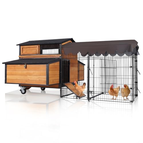 Portable Chicken Coop with All-Around Metal Frame & Super Large Wheels, 76.7" L Hen House with Metal Run, Mobile Poultry Cage with 6 Nesting Boxes for 6-8 Chickens