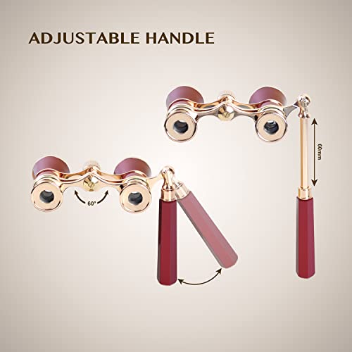 Aomekie Opera Glasses Binoculars 3X25 Theater Glasses Mini Binocular Compact with Handle for Adults Women in Musical Concert（Red） - color: Red with Handle