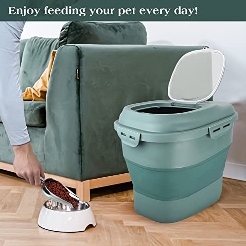 TIOVERY Dog Food Storage Container, Airtight Collapsible 13lb to 30lb Pet Food Container with Flip Top, Rolling Wheel, Scoop and 3L small container for Dog Cat Food and Dry Food of Rice, Flour - color: Green