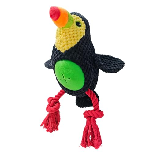 Black Toucan Bird Dog Chew Toy, 10.6 in, Squeaker Rope Treat Toy | Pineapple Fleece, PP Cotton Filled, Nylon Reinforced Rope, Crinkle Paper, Bite Resistant, Interactive Play, Small Medium Dogs - color: Black Toucan