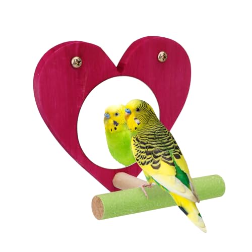 Hypeety Bird Mirror Toy with Perch Cage Standing Perch Wood Toy for Parrots | Natural wooden perch included, clear acylic miror, for parakeet/cockatiel/finch/conure/lovebird, random color, heart shape - color: Heart Shape