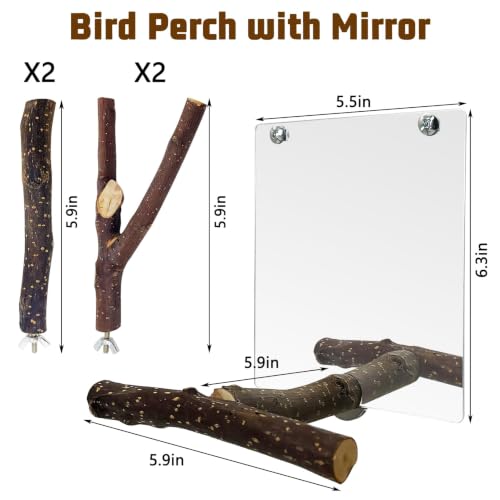 BNOSDM 5PCS Bird Mirror with Perches Stand Parrot Natural Wood Stick Perches Forked Perch Branch Parakeet Toy Set Bird Cage Accessories for Budgie Cockatiel Conure Finch Lovebird