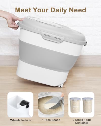 20-50 Lbs Airtight Food Storage Container Wheels,Collapsible Rice Container | Flour Storage Container with Double Airtight Seal,Rice Storage Container with Magnetic Lid,Keep Fresh for Pet Food,Rice,Flour - color: Grey/20-50LBS