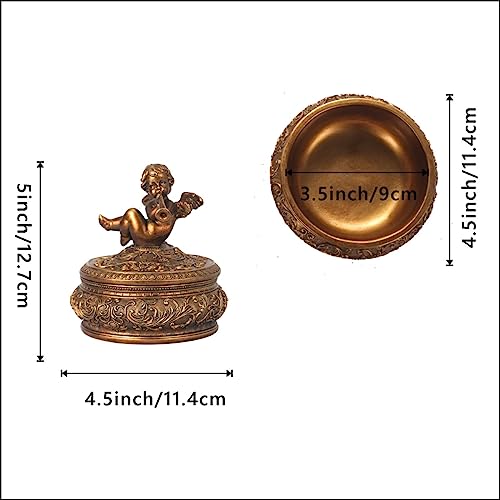 S-MANTIS Vintage Box Antique Trinket Organizer Rings Earrings Storage Gilded Round Box With Sophisticated Floral Decor And Cherub Playing The Trumpet Lid Keepsake Unique Gift (Antique Gold-Round) - color: Antique Gold-Round