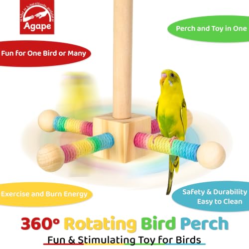 Agape 360° Rotating Bird Perch Stand, Wooden Parrot Exercise Toy | Bird Cage Accessory for Small-Medium Birds: Parakeets, Cockatiels, Lovebirds, Conures, Finches, Budgies, Parrotlets, Quakers - size: Medium